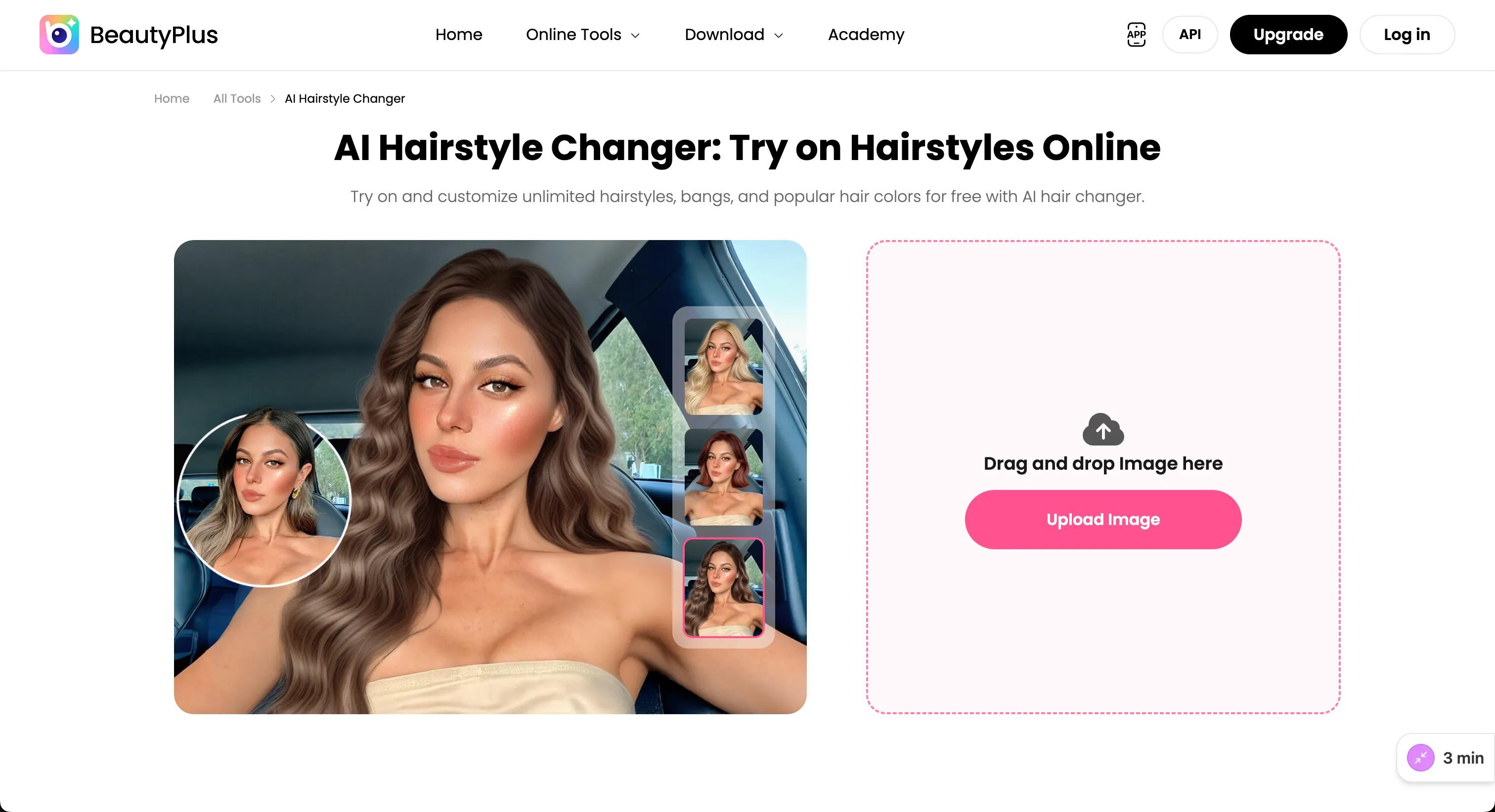 BeautyPlus AI Hairstyle Changer web tool with hairstyle and hair color try-on options