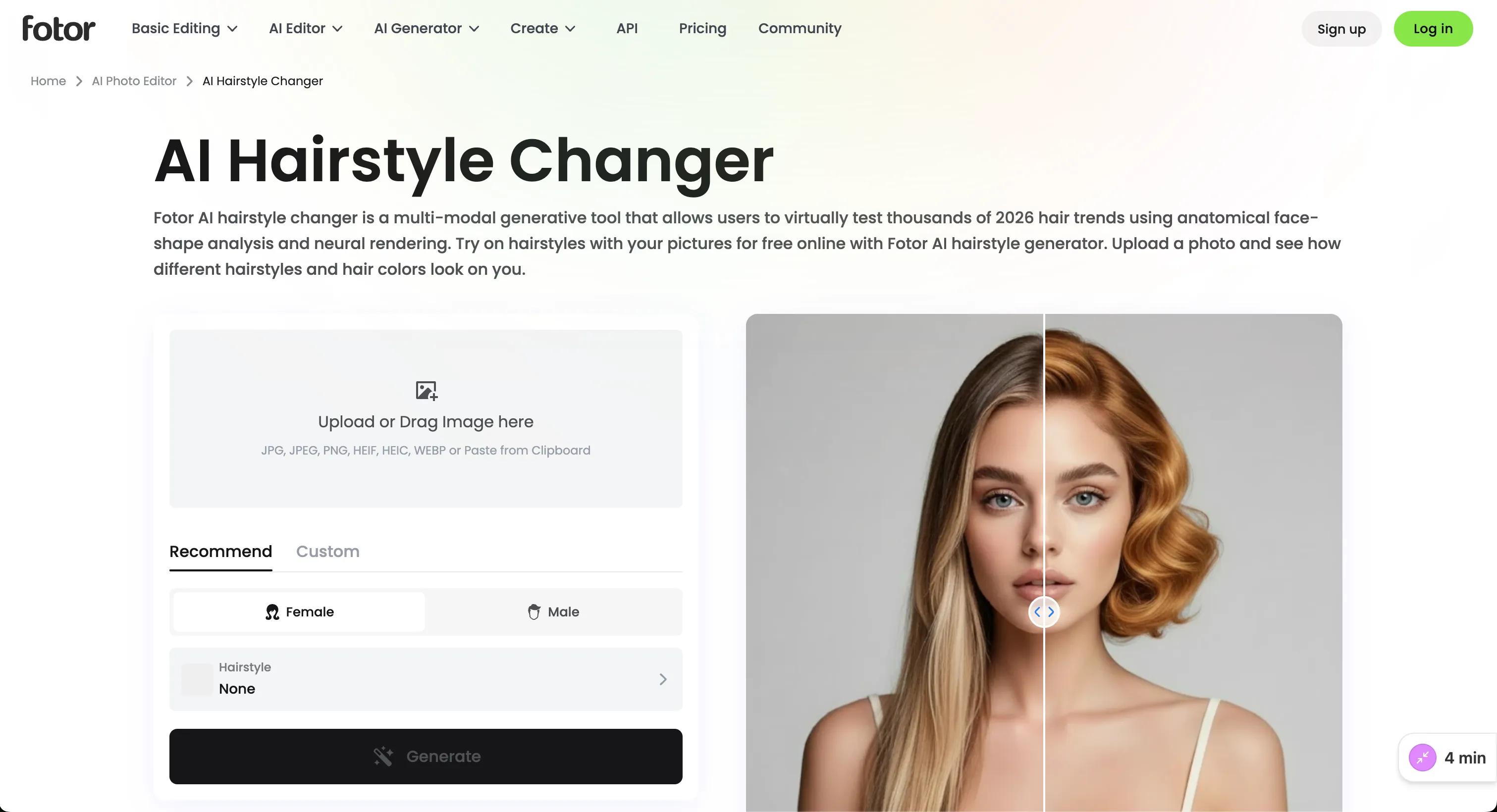 Fotor AI Hairstyle Changer web editor with a before-and-after hairstyle preview