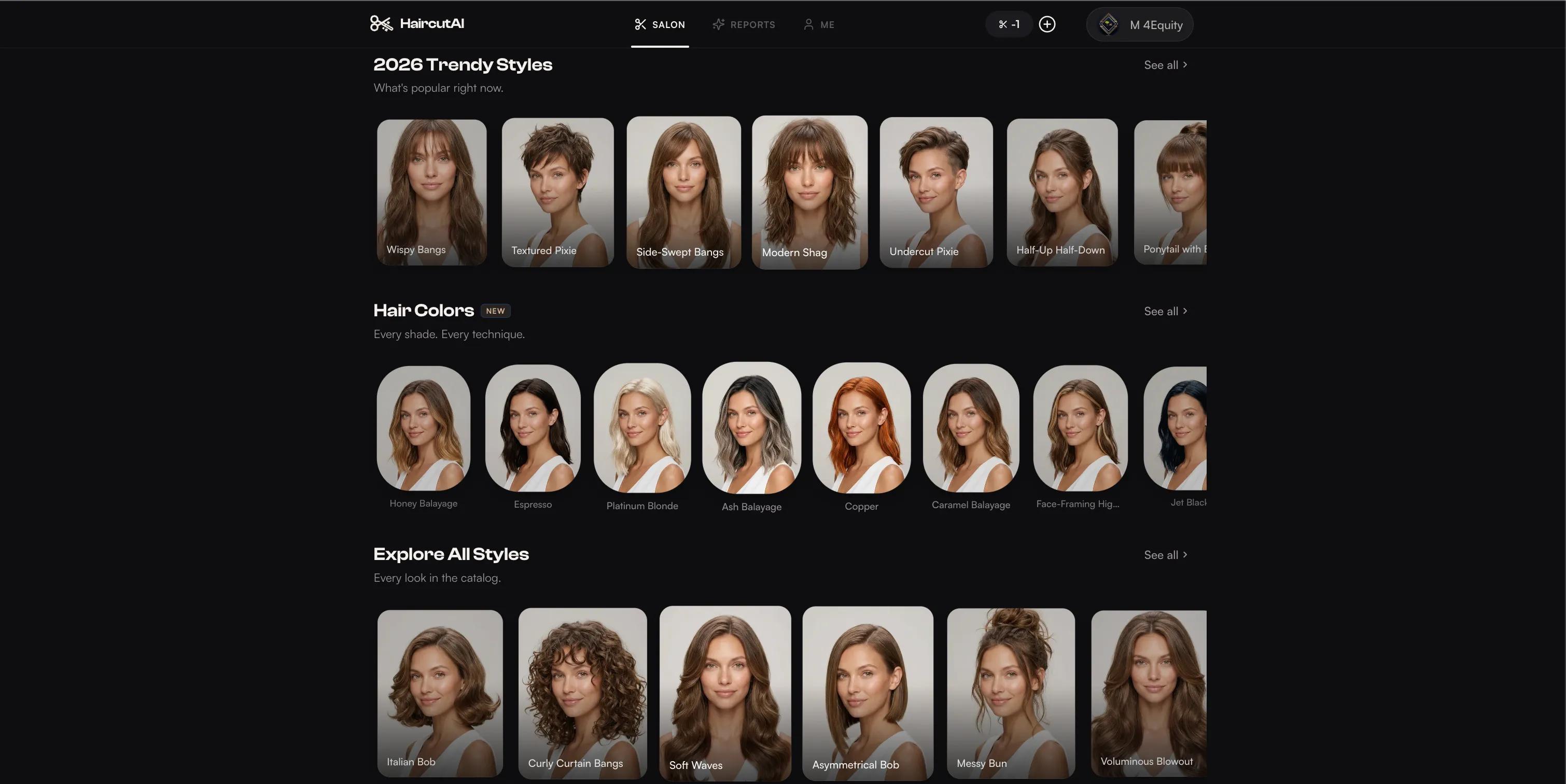 HaircutAI web app showing trending hairstyles, hair colors, and the full style catalog