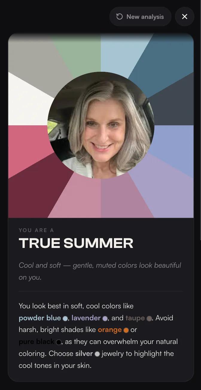 HaircutAI 12-season color analysis showing a personalized palette