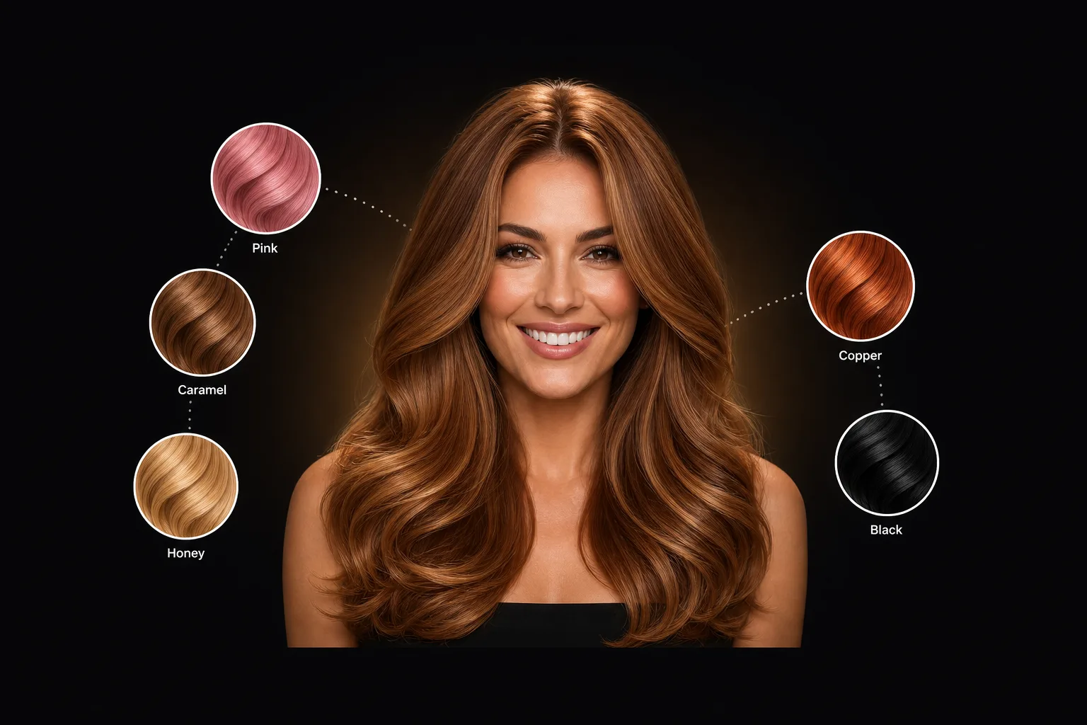 AI hair color changer: woman's portrait surrounded by pink, caramel, honey, copper and black hair color swatches