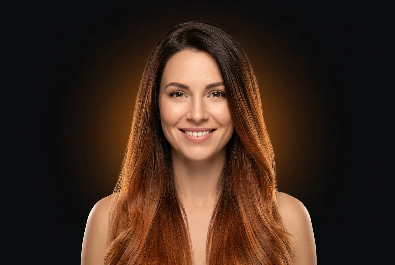 A smiling woman whose hair transitions seamlessly from her natural deep brown at the roots into a warm copper toward the ends, one continuous color-melt