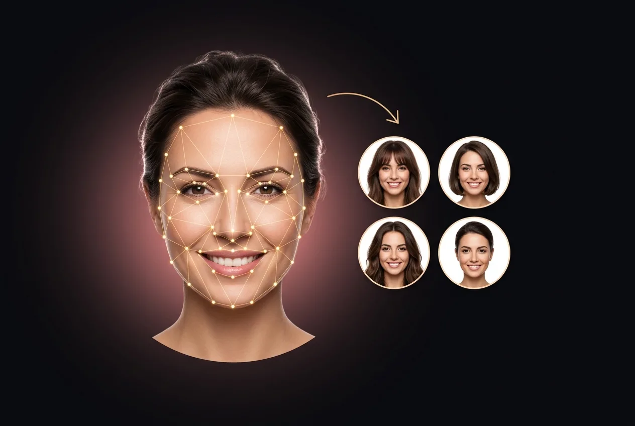 A smiling woman with a fine glowing dot-and-line mesh mapped across her entire face, an arrow pointing to four circular photos of her wearing curtain bangs, a textured lob, long layers, and a low bun.