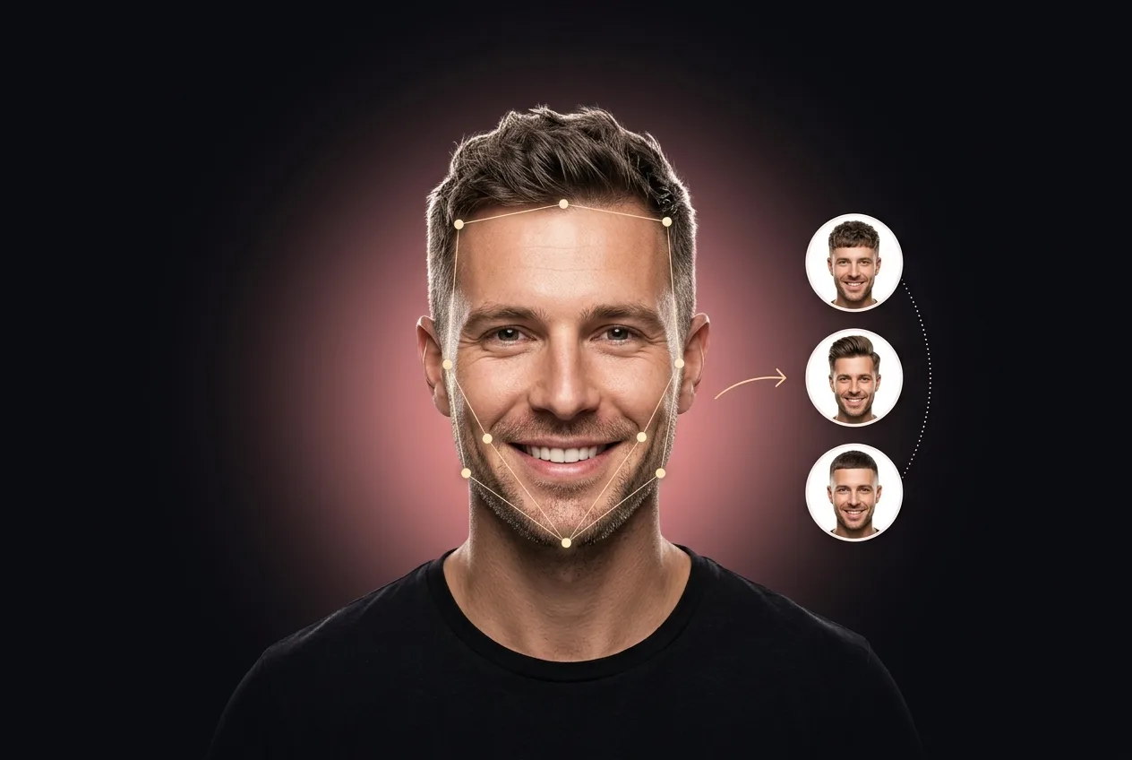 A smiling man with light measurement points traced across his face, an arrow pointing to three circular photos of him wearing a textured crop, a modern quiff, and a low taper fade.
