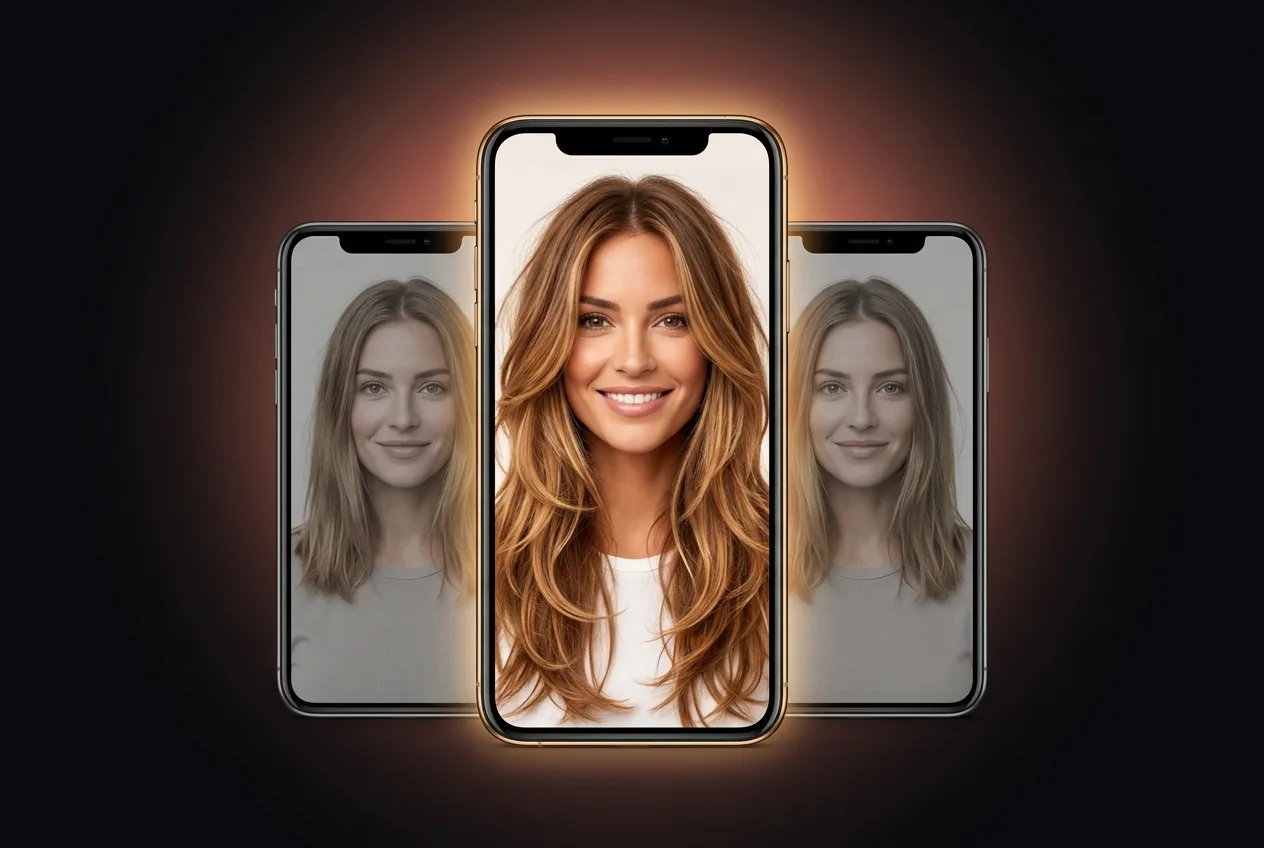 Three phones side by side showing the same woman's hairstyle result, the centre one vivid and glowing, the two beside it flat and faded grey
