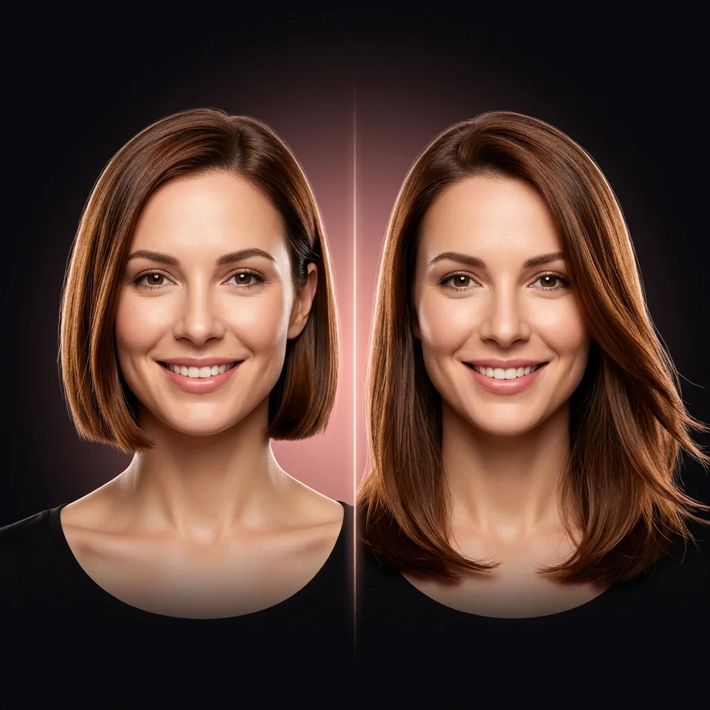 The same woman shown twice: on the left a chin-length blunt bob, on the right a longer lob reaching her collarbone.