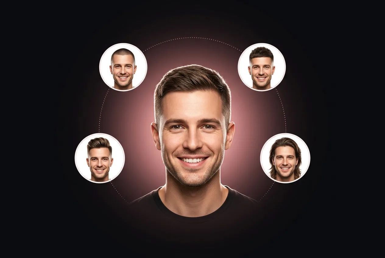 A smiling man surrounded by four circular portraits of himself wearing different men's haircuts — buzz cut, taper fade, quiff, and long flowing mullet