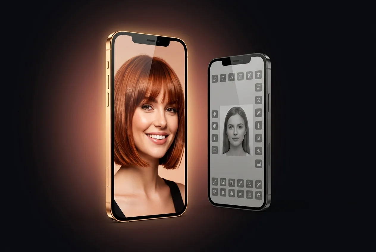 Two phones facing off: the larger gold-rimmed HaircutAI phone glows with a vivid copper bob and curtain bangs, facing a smaller faded grey phone crowded with generic photo-editing toolbox icons