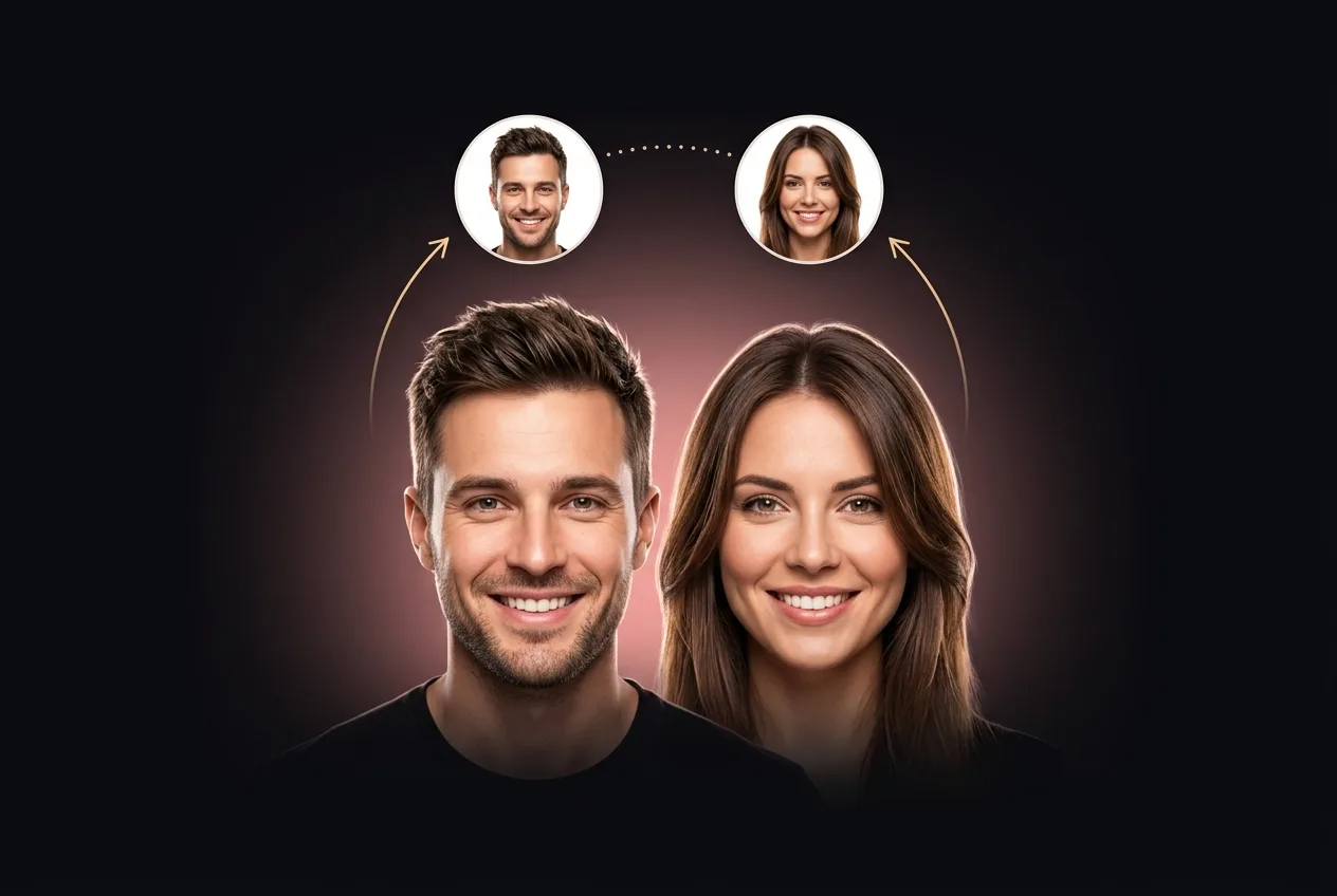 A smiling man and a smiling woman side by side, each with an arrow pointing up to a small portrait of themselves wearing their own matched haircut