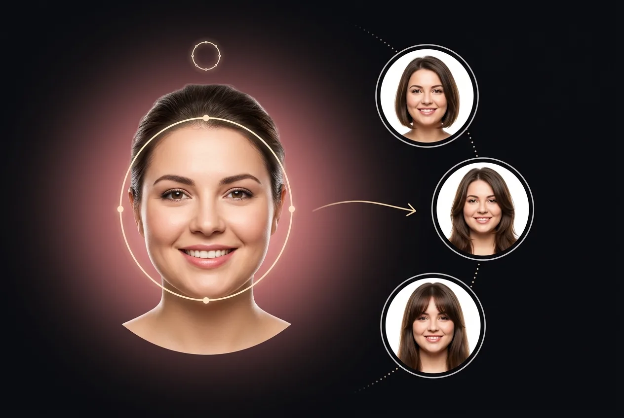 A round face shape outlined on a woman's face and matched to an A-line bob, long layers and curtain bangs