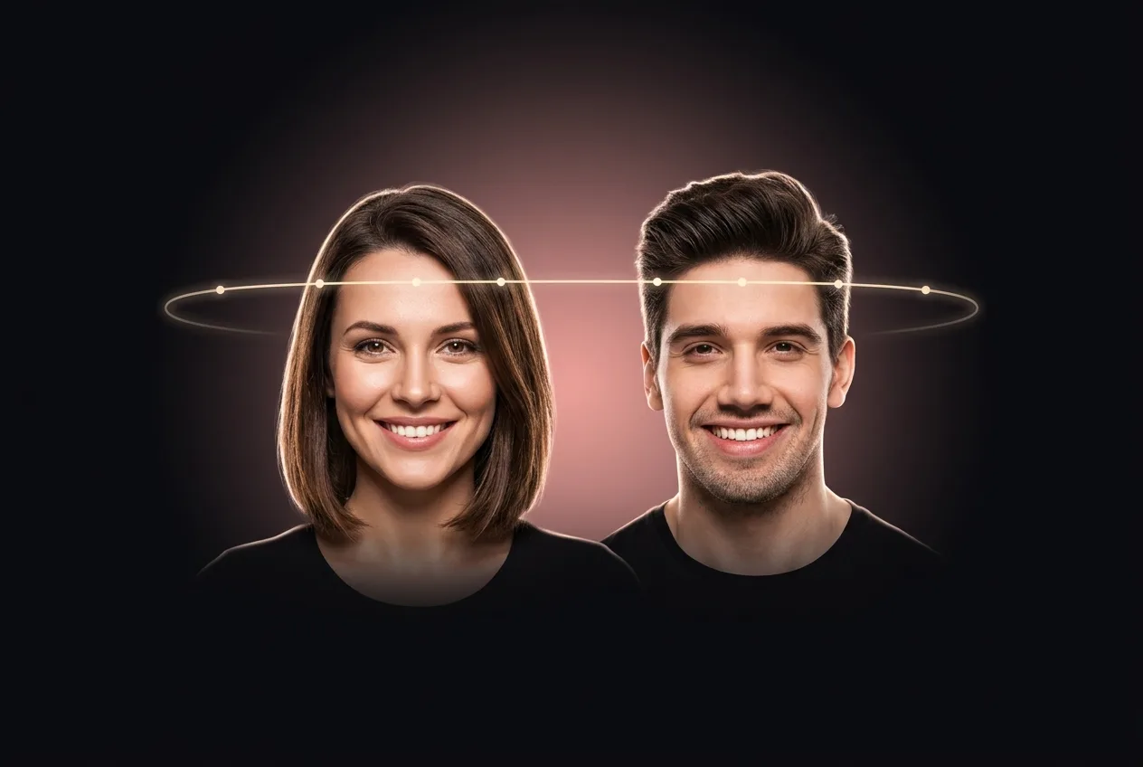 A smiling woman and a smiling man, each with a glowing scan-line passing across their hairline as if being carefully evaluated