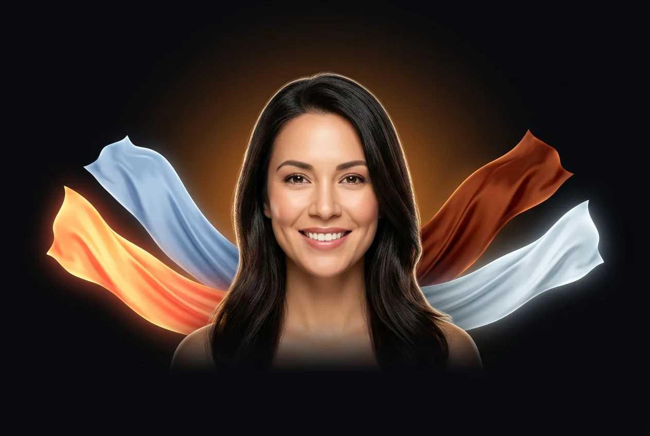 A smiling woman with four flowing ribbons of colored fabric draped behind her shoulders like a stylist's seasonal drapes, one warm golden ribbon glowing closest to her face
