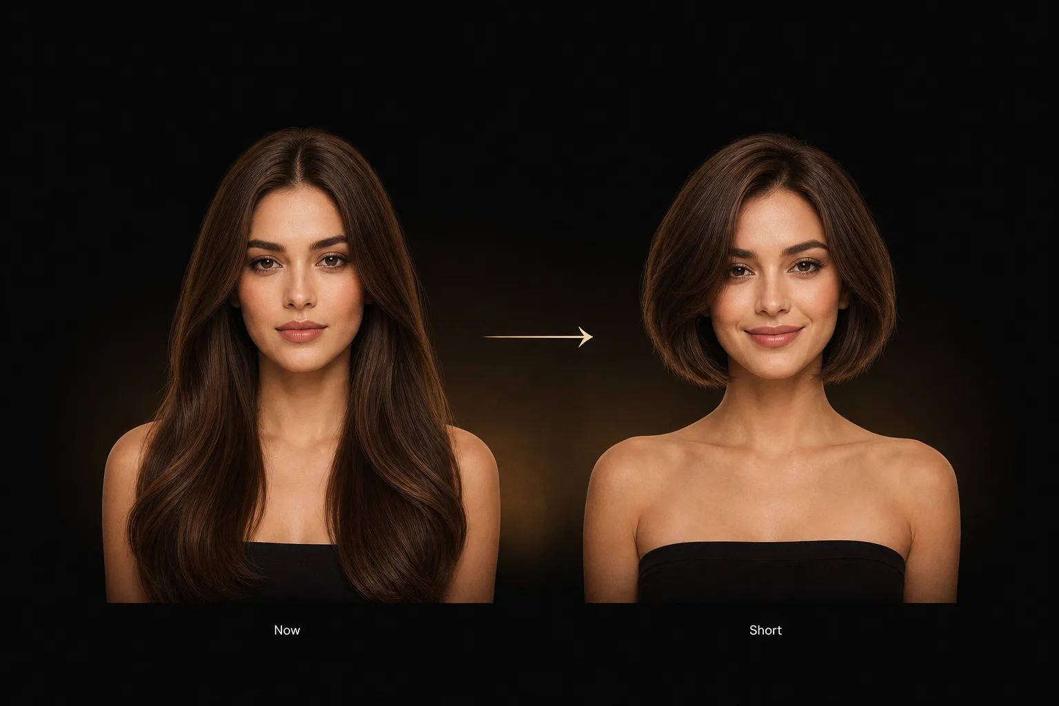 See yourself with short hair: the same woman shown with long hair and with a chin-length French bob