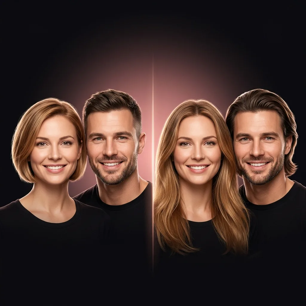 The same woman and man shown together twice: on the left both with short hair, on the right both with long hair.