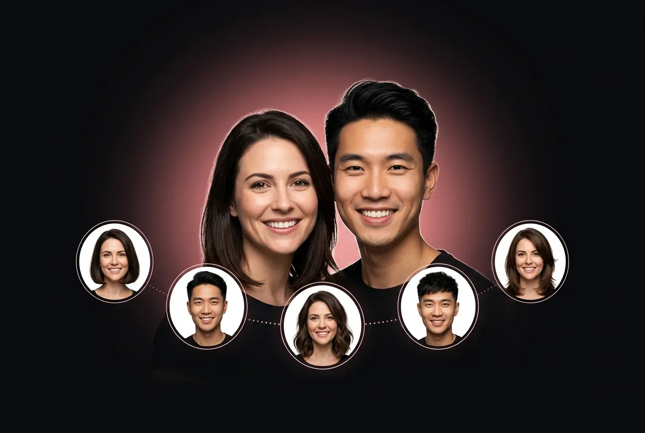 A smiling woman and man flanked by portraits of themselves wearing hairstyles with volume and width at jaw and nape level for a fuller silhouette